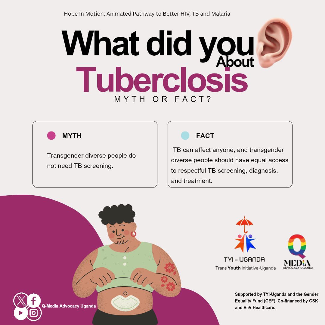 QMediaAdvocacy's tweet photo. Your gender identity should never be a barrier to healthcare.
Let’s break the myths, challenge discrimination, and make TB services more inclusive, accessible, and safe for all.
#HealthForAll #EndStigma #TYIUganda #GenderEqualityFund https://t.co/iFlbMjf9MA