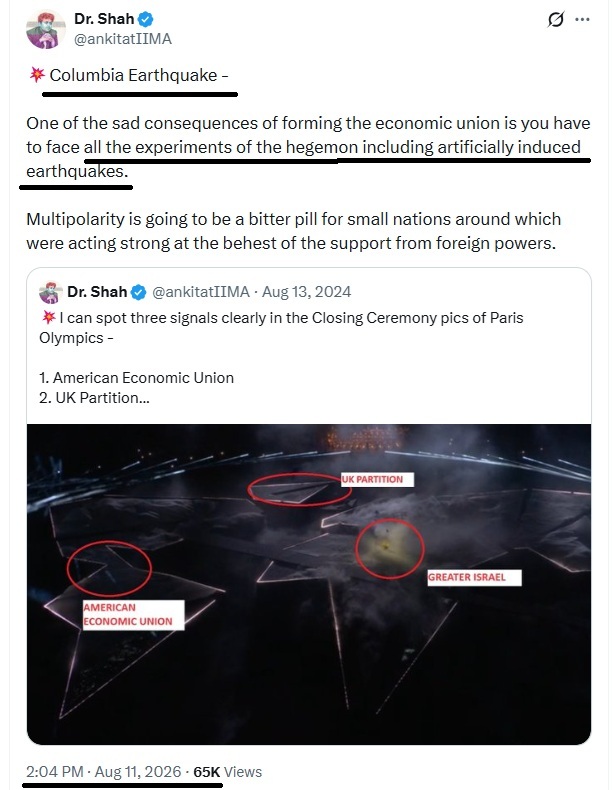Sid19841984's tweet photo. Dim joker ankit shah claimed Columbia earthquake was artifically induced - this type of churan is normal for dim. 

Interestingly Dim has been absolutely mute on nepal floods - was that artifically induced as well Dim Jinping Shah ?  

#dechuranisation continues .... https://t.co/ca3OaUokB1