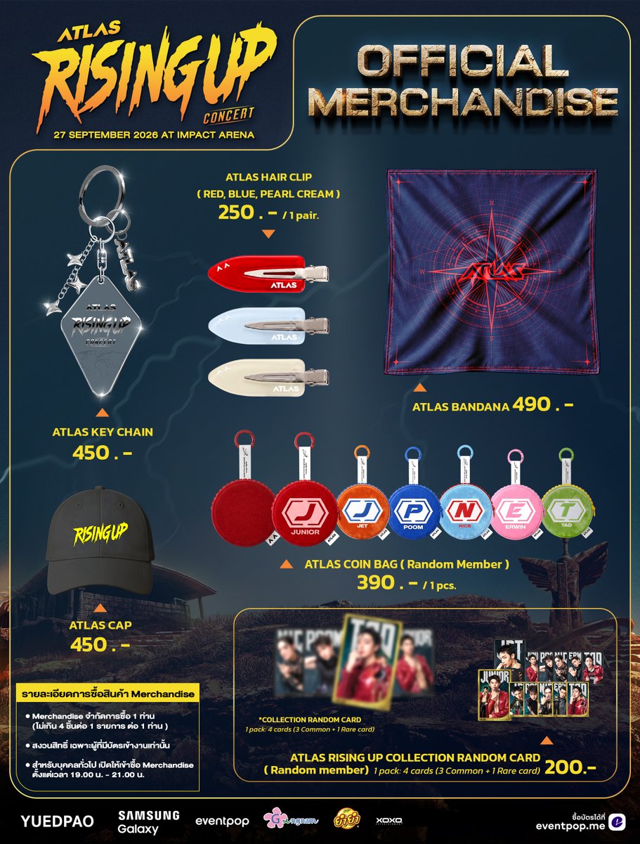 ATLASofficialTH's tweet photo. 🛍️ MERCHANDISE 🛒

ATLAS: RISING UP CONCERT ✨
LIVE AT IMPACT ARENA

📢 รายละเอียดการซื้อ  
🌟 สำหรับเสื้อยืด ATLAS Collection ใหม่ สามารถซื้อได้ที่ Booth Yuedpao เท่านั้น 
🌟 Merchandise จำกัดการซื้อ 1 ท่าน 
(ไม่เกิน 4 ชิ้นต่อ 1 รายการ ต่อ 1 ท่าน ) 
🌟สำหรับผู้ที่มีบัตรเข้าชมคอนเสิร์ต สามารถซื้อ Merchandise ได้ตั้งแต่เวลา 10.00 น.
🌟สำหรับบุคคลทั่วไปเปิดให้เข้าซื้อ Merchandise ได้เวลา 19.00 - 21.00 น.

ใครยังไม่มีบัตร เงินเดือนออกแล้ว! อย่าลืมมากดบัตรกันน้า🙌🏻 
🎫 TICKETS AVAILABLE NOW! 
🔗 : https://t.co/BdW0f0V3ZB

📌 TICKET PRICES INCLUDE VAT BUT EXCLUDE THE PAYMENT GATEWAY FEE.
➤ (ราคานี้รวม VAT แล้ว แต่ยังไม่รวมค่าธรรมเนียมการชำระเงิน)

สามารถดูรายละเอียดการผ่อนชำระบัตรคอนเสิร์ตเพิ่มเติมได้ที่ ✅
➤ ➤ : https://t.co/VRucaWzVXa

#ATLASRisingUpConcert
#ATLASconcert2026
#ATLASth #ATLAS_th
#XOXOEntertainment