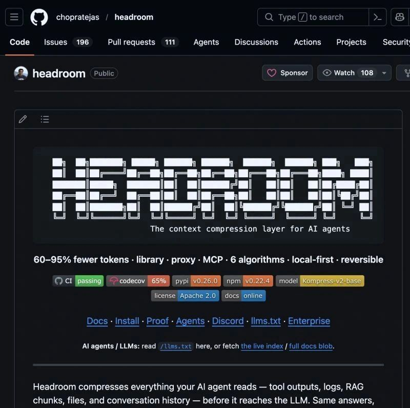 BharukaShraddha's tweet photo. 🚨 A Netflix engineer just open-sourced the fix for the most expensive problem in AI: wasted tokens

It's called Headroom, and it might be the smartest fix to high token usage

Your agent reads a 10,000-token log file to find one error.
You paid for all 10,000 tokens.
The answer needed 1,200.

Headroom sits between your agent and the LLM and compresses everything before the model sees it.

JSON, code, logs, RAG chunks, each gets its own specialized compressor.

And it's reversible: the originals stay on your machine, so nothing is lost.

The results speak for themselves:

→ Up to 95% fewer tokens
→ Same accuracy on benchmarks
→ Zero changes to your code

Setup takes one minute:

1. pip install "headroom-ai[all]"
2. headroom wrap claude

Done.

Works with Claude Code, Cursor, Codex, and anything OpenAI-compatible.

Everything runs locally, fully open source.

The cheapest token is the one you never send.

🔗 Github repo: https://t.co/6TQM4o18hx

So, are you compressing your context, or just paying the bill?