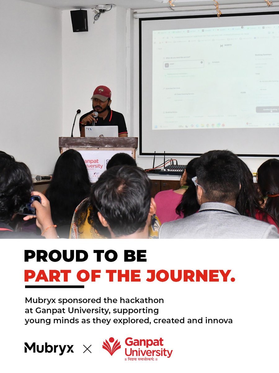 mubryx's tweet photo. The next big idea could start right here.

Mubryx was proud to sponsor Hackathon 2026 at Ganpat University, supporting young minds as they explored challenges, built ideas, and created what’s next.

Building ideas. Building the future.

#Mubryx #Hackathon2026 #Innovation https://t.co/1eO7wOHftl