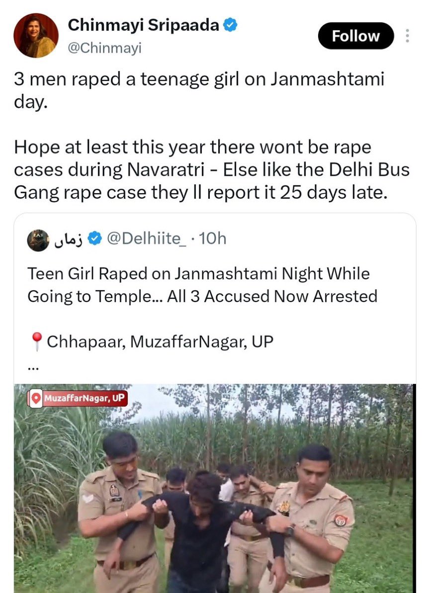 AaryanPrateekX's tweet photo. Chinmayi is the biggest scumbag feminist who tries to please her Muslim masters by defaming our festivals on every Hindu festival.

The names of the rapists are:

Md. Sameer
Md. Waleen
Md. Salman

All three are Muslims.

Now read her tweet. See how “smartly” she linked the incident to Hindu festivals, as if Hindu festivals were synonymous with rape. Don’t rapes happen during other religious festivals too?