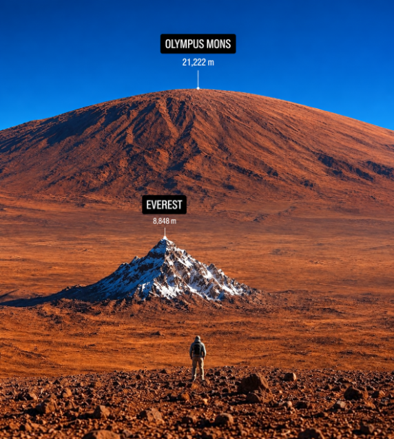 FactLabyrinth's tweet photo. Mount Everest is enormous by Earth’s standards, but next to Olympus Mons on Mars, it looks almost modest.

Everest rises about 8.8 km above sea level. Olympus Mons stands over 21 km high and is so broad that, from its summit, its slopes would stretch beyond the horizon. https://t.co/ZyxmgamQWn