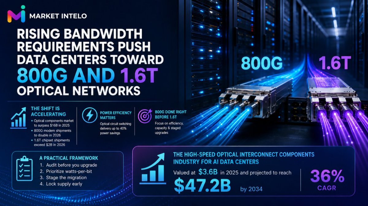 marketintelo's tweet photo. AI is accelerating the data-center bandwidth race.
With #800G shipments set to more than double in 2026 and 1.6T chipset shipments projected to exceed $2B, high-speed connectivity is becoming critical infrastructure.
Read the full analysis: https://t.co/r1la2j2zBY

#DataCenters https://t.co/rwvcxaEFma