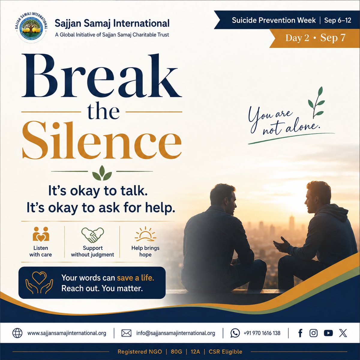SajjanSamaj's tweet photo. Break the Silence. 💙
It’s okay to talk. It’s okay to ask for help.
Let’s listen, support, and spread hope. 🌿

#SuicidePreventionWeek #BreakTheSilence #YouAreNotAlone https://t.co/Ok2EI4L4kt