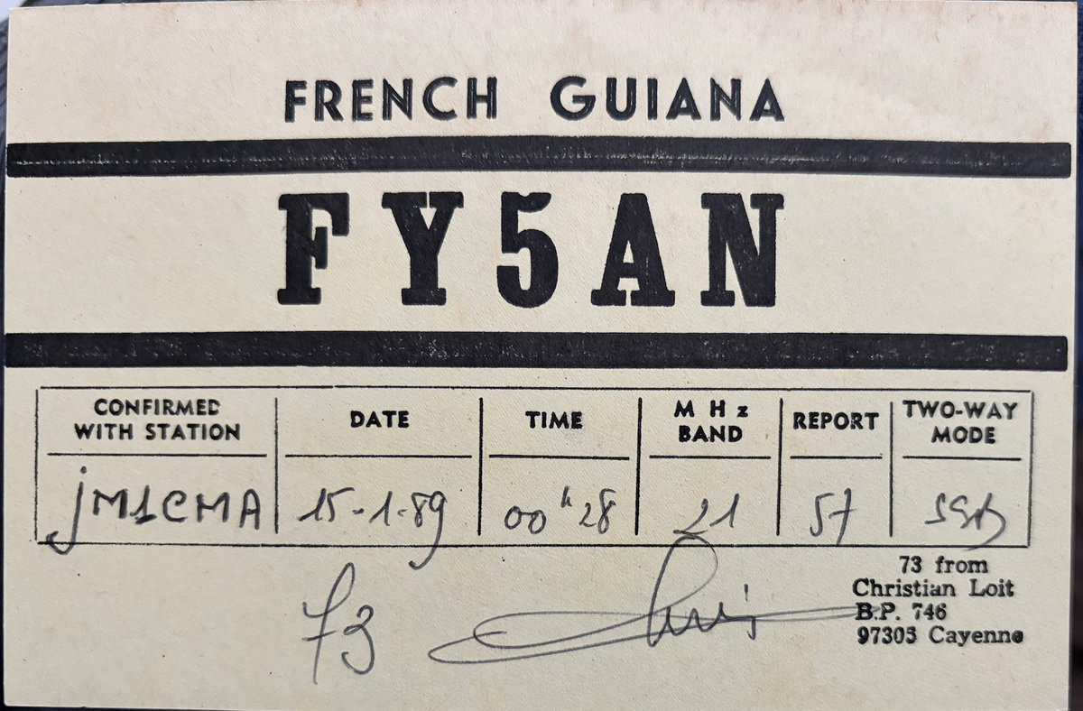 JM1CMA's tweet photo. 初 FRENCH GUIANAはこれ  
1989年 のQSO  
#初QSO https://t.co/R2hTM6nnkA
