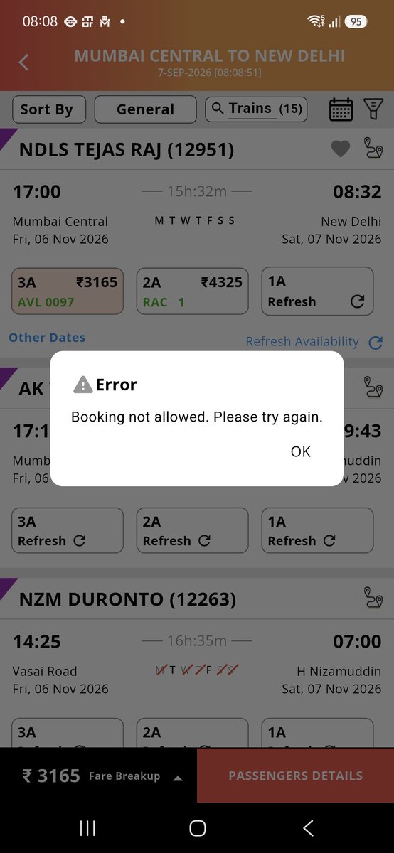 sumanchirps's tweet photo. @Indianrailgadi @PMOIndia @narendramodi  @AshwiniVaishnaw  #irctcofficial 
irctc app n website is gamed for  counter sales/agents as ordinary citizens only see "high load" " try later" messages &amp; tickets gets booked . #diwali is for agents only. Make life easier as #PM says for citizens🙏 https://t.co/XZpbsDwTLw