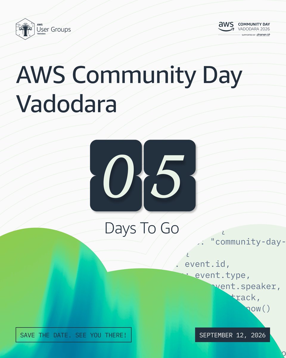 awsugbdq's tweet photo. Five days until the AWS community comes together in Vadodara. π
π
12 September 2026
π Sun City Club & Resort, Vadodara
Can't wait to see everyone there! π
#ACD26 #AWSCommunityDay https://t.co/aCYx2kDVWo