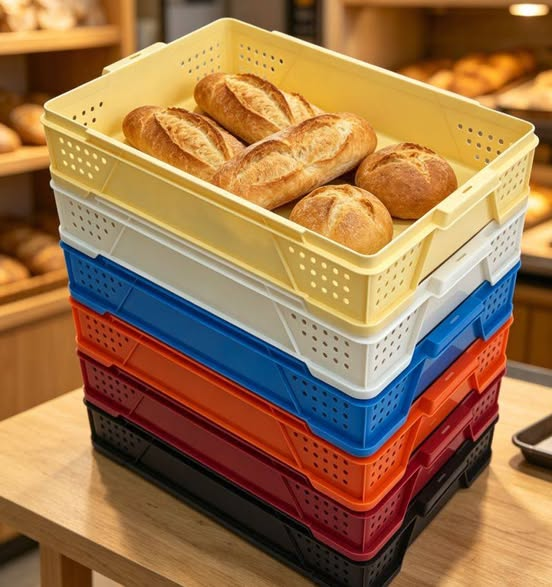 HanCharite's tweet photo. 🥖 让每一炉面包新鲜抵达 —— 塑料面包筐
面包的香气，从出炉到送达，需要一路呵护。 这款面包筐采用食品级 PP 塑料一体成型，侧壁与底部镂空透气设计，保持面包通风干爽，防止积湿发霉。605×405×115mm 标准浅槽规格，装载稳固；四角加固，堆叠省空间，配合把手搬运更省力。六色可选 —— 分拣一目了然。 https://t.co/dwAdYx295S