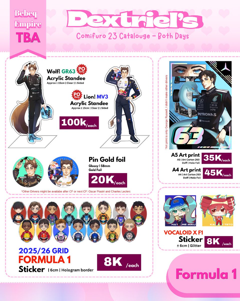 DextrielL's tweet photo. [Likes &amp; RTs are appreciated!🔥]
Hello, This is my Catalogue for #CF23 🩷

🩷 Originals (OC), Formula 1 (F1), Nitro+chiral, Yuri On Ice, Medalist, etc.
📍ICE BSD, Both Days, 31 Oct- 1 Nov 2026 
🗳️ PO &amp; Mail order 7-12 September 2026, 23:59 WIB.

🔗 form below 
#CF23 #Comifuro23 https://t.co/oHBdUmkPIK