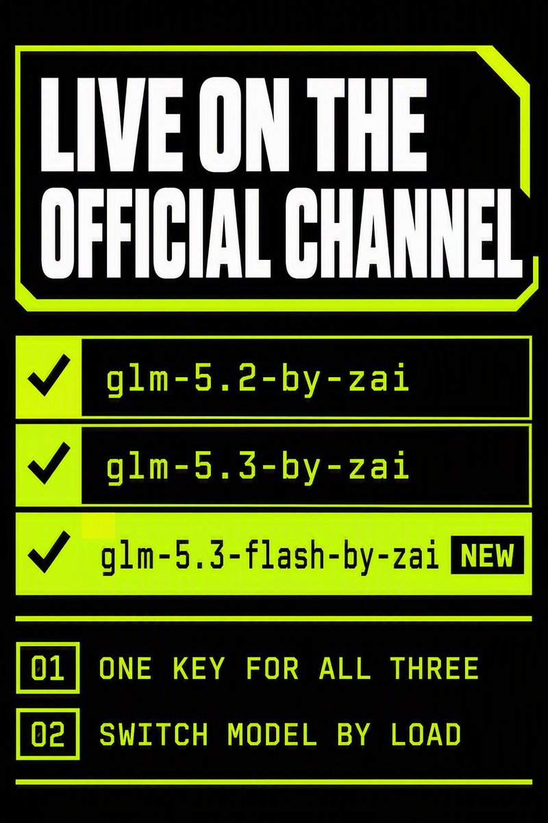 TinyRouterHQ's tweet photo. Anyone can list a GLM model id. Few can show you where it comes from.

GLM 5.3 Flash now routes through official https://t.co/o6w3Uy2jIl:
• glm-5.3-flash-by-zai
• glm-5.3-by-zai
• glm-5.2-by-zai

Same key, same endpoint. Switch by load.

#GLM #Zai #AI #AIAgents https://t.co/tEKxm4ZWg8