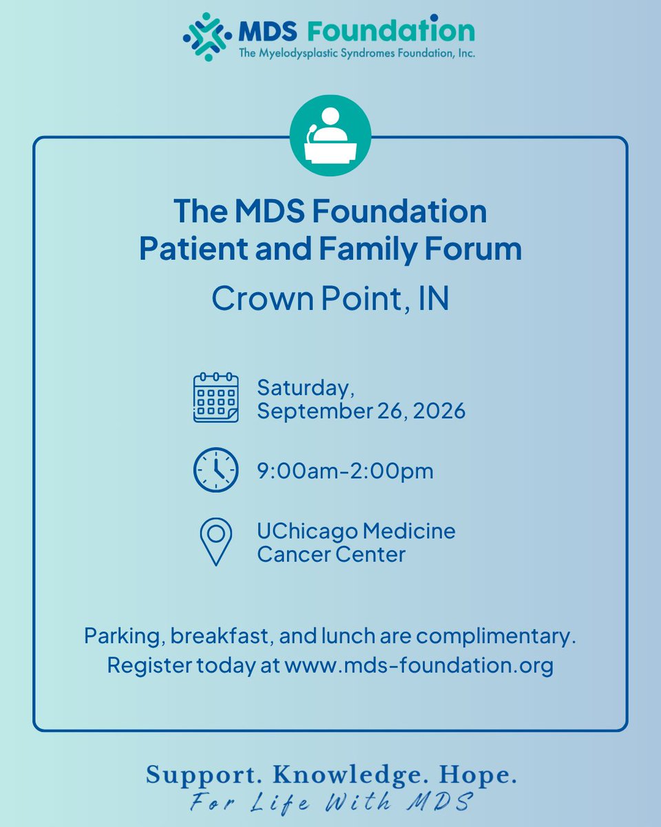 MDSFoundation's tweet photo. Join us on September 26 from 9:00 AM - 2:00 PM for a day dedicated to education, connection, and support for those affected by MDS.

This forum offers an opportunity to learn from experts about treatment options and emerging therapies.

Register today: https://t.co/qxjpTv7IhP https://t.co/zdor6CcKTr