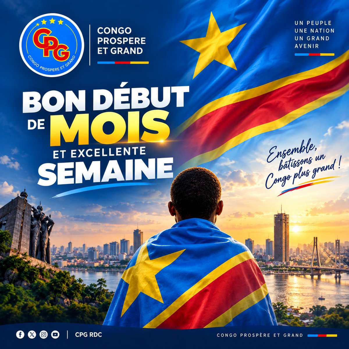 cpgrdc_rdc's tweet photo. 🌟🇨🇩 Nouveau mois, nouvelle semaine,  nouvelle étape pour la RDC

Que ce mois soit un pas de plus vers un Congo plus fort, plus uni et plus prospère.

Avançons avec discipline, patriotisme et une foi inébranlable en notre avenir collectif.

#CongoProsperEtGrand #RDC #Unité https://t.co/bLX3MhWK3d