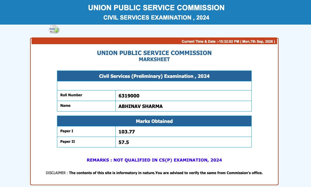 PIBinUPSC's tweet photo. I cannot guide you for UPSC CSAT

but I can guide you for UPSC prelims paper 1

my scorecards for last 3 attempts

2023 - very tough both papers, cleared GS Gen Cutoff
2024 - moderate paper, cleared GS with good margin
2025 - moderate tough, cleared GS with good margin https://t.co/ziSq9B0VNU