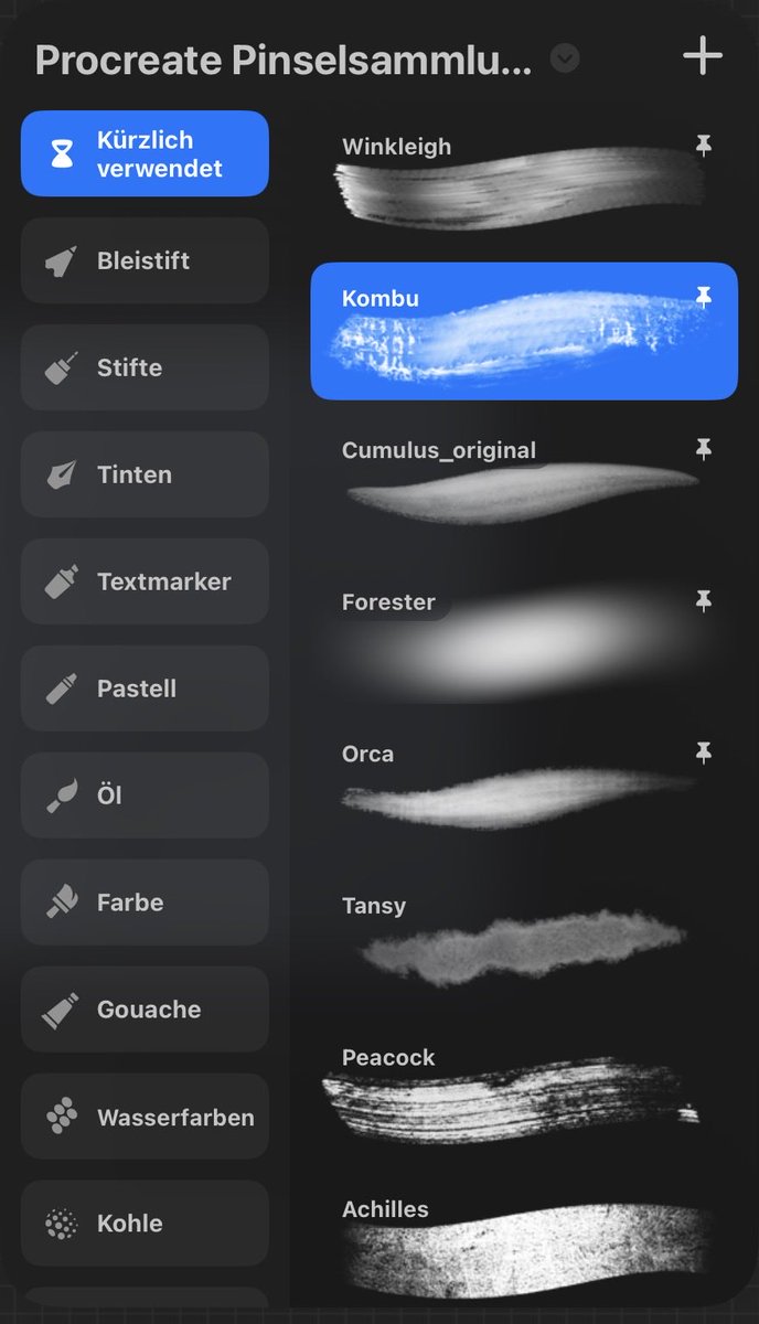 KEPLER_69b's tweet photo. @Roldan7ydt I mainly use these pinned brushes (esp kombu)^^ they’re all procreate basic brushes mainly from oil/gouache https://t.co/DfgFtpClPW