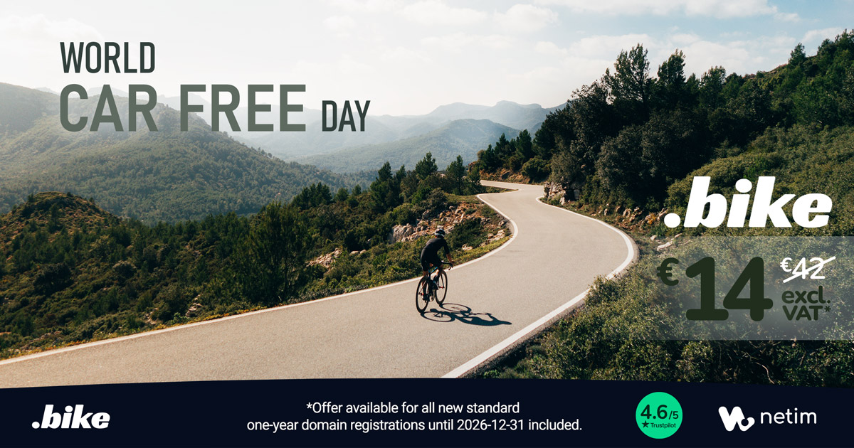 Netim_com's tweet photo. 🚲 On #WorldCarFreeDay, get your bikes out!

With a .BIKE domain, you can instantly set the tone for your online project: #cycling, bikes, sustainable mobility, a specialist shop or even a community of enthusiasts 🚴‍♂️

📧 1 email address included

👇 Check availability
https://t.co/Mtq2RMCO4M

#Bike #dotBike #Cyclist #SustainableMobility #GreenMobility #DomainName #CarFreeDay #Mobility
