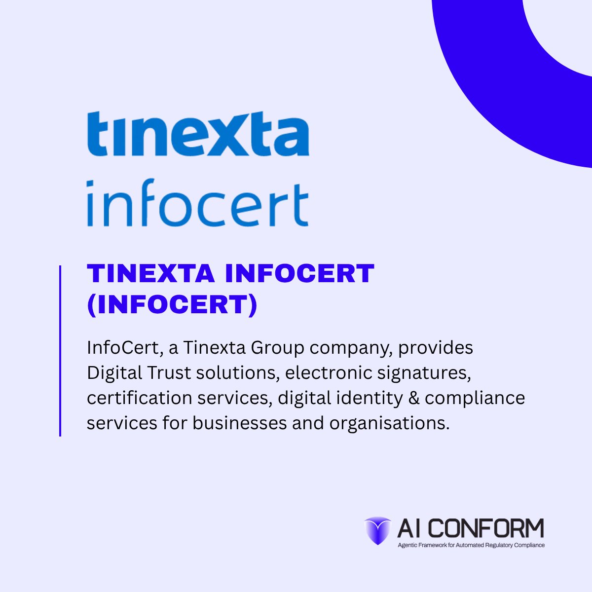 AICONFORM's tweet photo. 📍 Meet the team behind #AICONFORM: Tinexta InfoCert. Its expertise in e-signatures, e-seals, timestamping and EUDI Wallet integration helps   strengthen trusted, auditable compliance evidence in AICONFORM. 🔗 https://t.co/FcEqvWSnhO #DigitalTrust #DigitalEurope https://t.co/S0uUmZGIA7