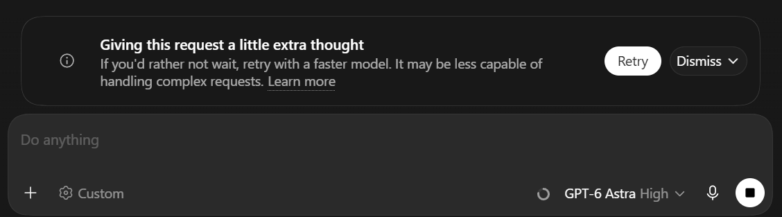 RayDaHero's tweet photo. I've been getting the GPT safety check warning multiple times while using Astra in Codex. In these sessions the tasks were to oddly enough to understand the Astra release and optimize my configuration to transition from GPT-5.6 Sol.

Anyone else experience the popup often too?
FYI: https://t.co/qd8qRgqlgb