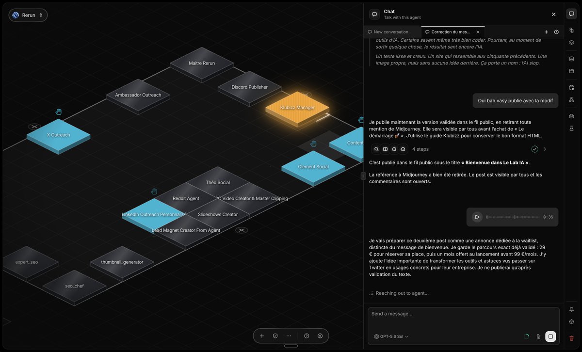 cleeeeeeeeement's tweet photo. REGARDEZ MOI CA, Comment ne pas kiffer

Mon agent Rerun setup ma commu @KlubizzApp 

→ J'fais des voices
→ Il setup
→ On itère ensemble

On vit dans une ère dans zinzin j'vous promet

En utilisant rerun au quotidien, je me rend compte d'un truc manquant : de ne même plus devoir séléctionner l'agent

On va setup un agent Master qui où je vais discuter et il déleguera directement.

Je parle, ils agissent

J'ai envie de CREVER tellement c'est stylé