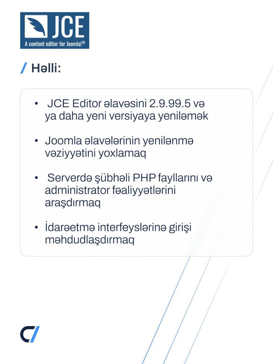 NCAAzerbaijan's tweet photo. “JCE Editor for Joomla” əlavəsində giriş nəzarətinin zəif olması nəticəsində uzaqdan kod icrası riski (CVE-2026-48907) aşkarlanıb.
#MKA #NCA #MilliCERT #Kibertəhlükəsizlik #Xəbərdarlıq https://t.co/qFBTXzA6qA