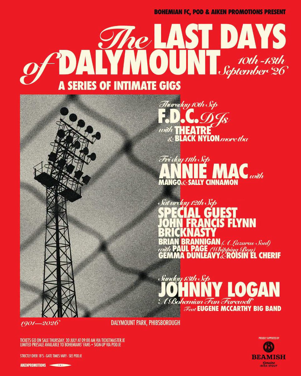 dlLambo's tweet photo. RTs appreciated.

Dalymount Park this Thurs/Fri/Sat/Sun.

🔴 ⚫️4 special gigs to celebrate the end of the stadium and it's musical history. 

- Fontaines DC DJs
- Annie Mac 
- John Francis Flynn plus Special Guest
- Johnny Logan 

🎟️ https://t.co/s0kG1z140o https://t.co/SS4DBtZOTv