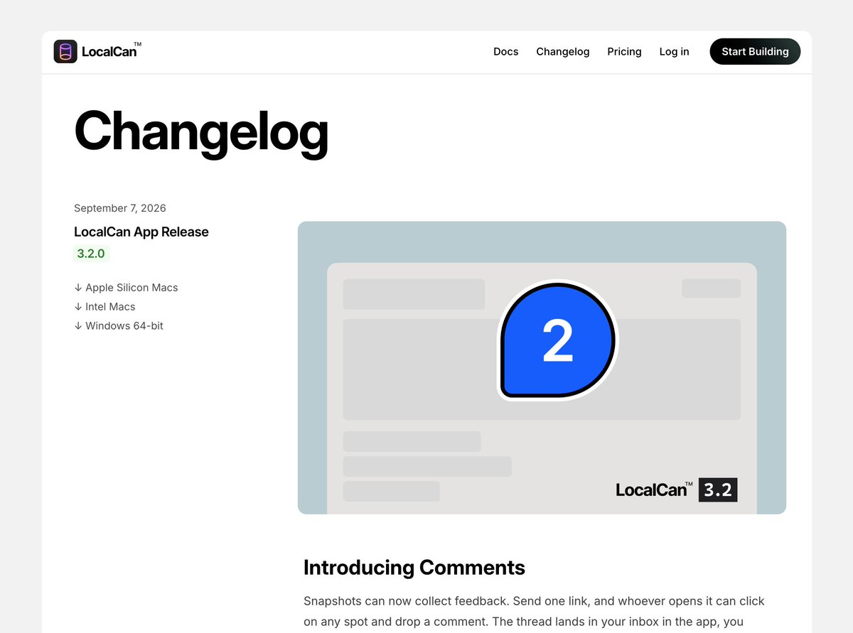 LocalCanApp's tweet photo. LocalCan 3.2 is here! Adds a design feedback loop for humans and agents.

Snapshots can now collect feedback. Share a link, and others can pin comments right on the page.

Then hand it to your coding agent: it reads the comments, fixes the design, replies, and resolves. If you build prototypes with AI, this is how you get real feedback on them.