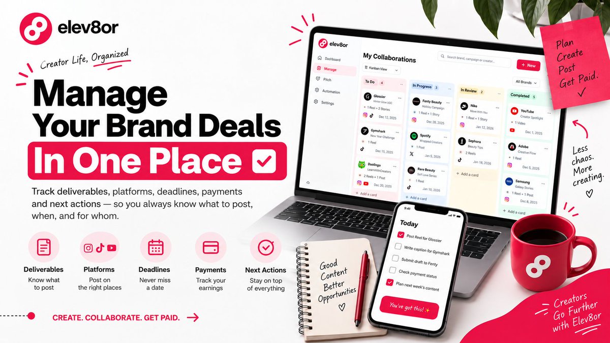 Elev8orApps's tweet photo. Brand deals get messy across DMs, spreadsheets, notes, and email.

We upgraded Manage in Elev8or Collabs so creators can track deals, deliverables, deadlines, payments, and next actions in one workspace.

Less chaos. More creating. 🚀 https://t.co/35ihr97rsG