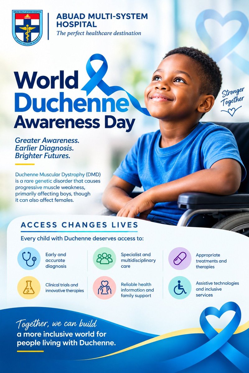 ABUADMSH's tweet photo. @WHO @DuchenneAware @Abuad_Uni Duchenne Muscular Dystrophy (DMD).

Today, we stand with the Duchenne community because access changes lives. 💙 https://t.co/eUxfA1kqvd