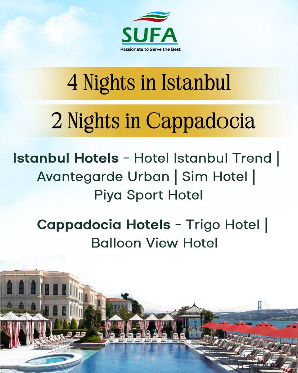 Adellnos's tweet photo. Fly to Turkey this November with Sufa International. Enjoy 7 days: 4 nights in Istanbul, 2 in Cappadocia, domestic flights, travel support, and luxury hotels. Packages from USD 335 per person in a double room. https://t.co/k6I81vSlpb