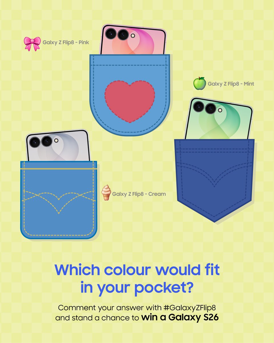 SamsungGulf's tweet photo. Who’s your favourite pocket buddy?

Share your answer for a chance to win a Galaxy S26!

How to enter:
• Follow @samsunggulf
• Comment your answer below with hashtag 'GalaxyZFold8', 'GalaxyZFold8Ultra' or 'GalaxyZFlip8'' 

Comment more, boost your chances of winning!

*T&Cs apply.