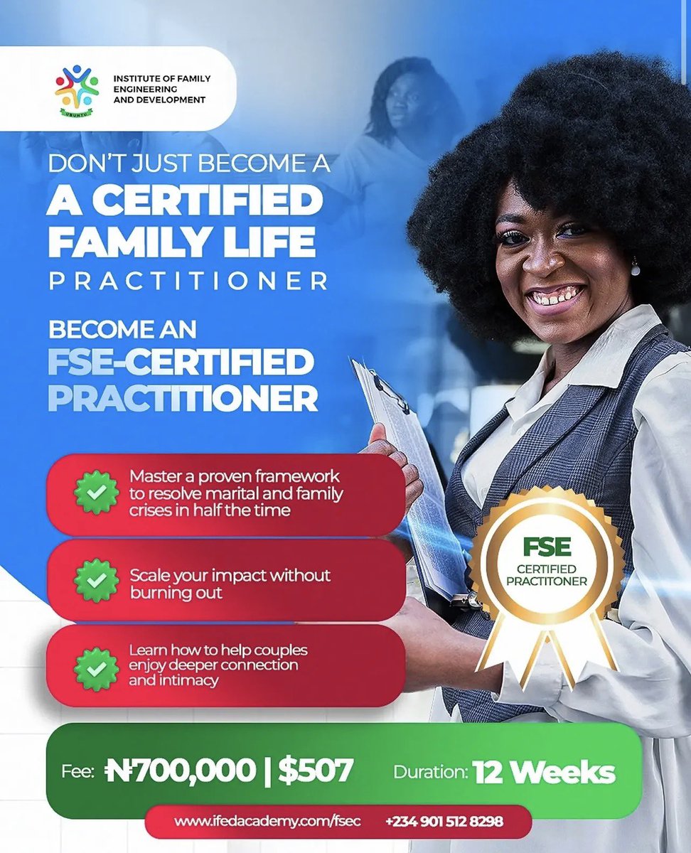 IFEDacademy's tweet photo. You can't solve a family problem you don't know how to diagnose. 

Do you have a framework to see what's actually going on? 

FSEC trains you to move beyond guesswork. 🧑🏽‍💻🧑🏽‍💻

12 weeks, ₦700,000 only

Get certified: https://t.co/E0fuDvcbfN 

#FSEC #FamilySystemsEngineering https://t.co/bulEBysdSm