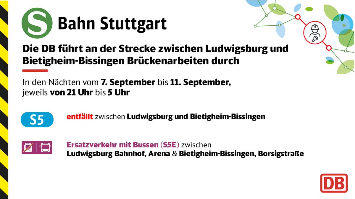 SBahn_Stuttgart's tweet photo. 🚧#Drandenken🚧
Von 7. bis 11. September, führt die #DB zwischen #Ludwigsburg und #BietigheimBissingen Brückenarbeiten durch.
Die Linie #S5 kann nicht wie gewohnt verkehren.
Details, auch zum #Ersatzverkehr mit Bussen #S5E
👉 https://t.co/D2XTBQt96E https://t.co/eg0i7UtcaT