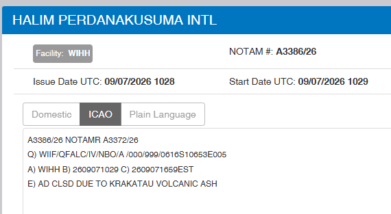 Rute_T11_T12's tweet photo. NOTAM UPDATE
Soetta/CGK (WIII) dan Halim/HLP (WIHH)

CLOSED hingga 23:59 WIB (Estimated)

@PatbeDuwatukeUI https://t.co/kEoY2qLUd2