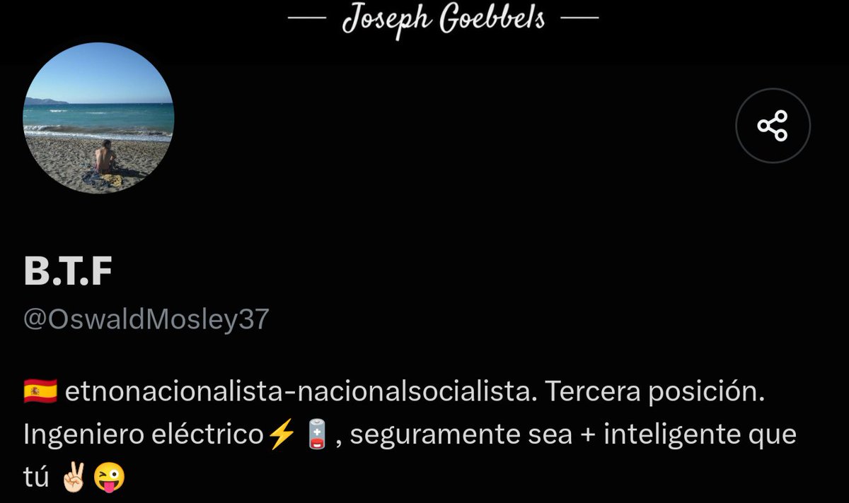 GObiang76013's tweet photo. @MarcosFrancoy @OswaldMosley37 Se ve que ambos sois los mejorcito de España, un patriota que defiende el etnonacionalismo (lo más anti español que he visto en mi vida).

Y alguien con la bandera de España, con el nombre  Joseph goebbels en el perfil.
Informaros ambos un poco, https://t.co/fYiVv2elfi