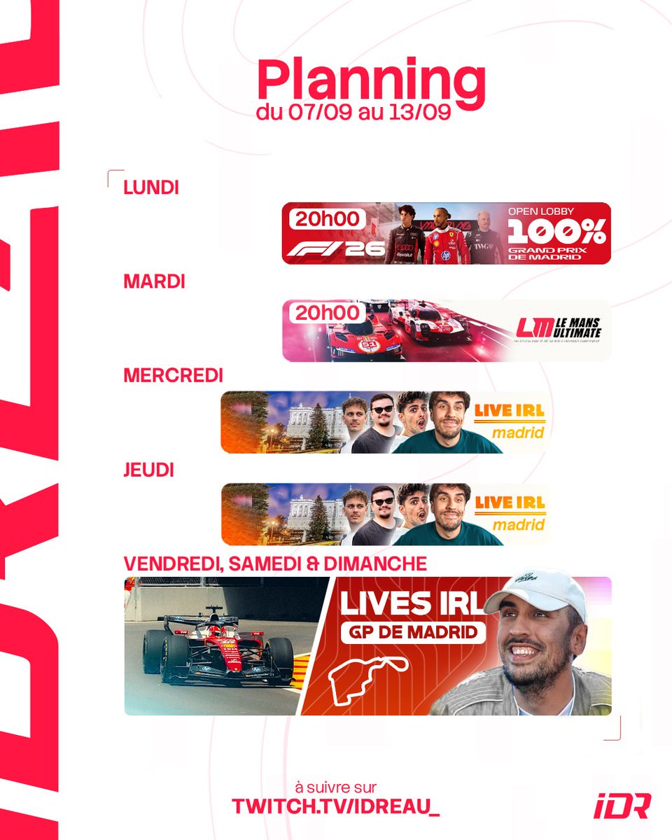 idreauTV's tweet photo. 🚨 Le planning de la semaine !

Ce soir le 100% de Madrid sur F1 26 et demain du LMU mais surtout, on décolle pour Madrid mercredi et on vous fera pleins de lives IRL !!! 🇪🇸🏎️ https://t.co/inu0vF2TUT