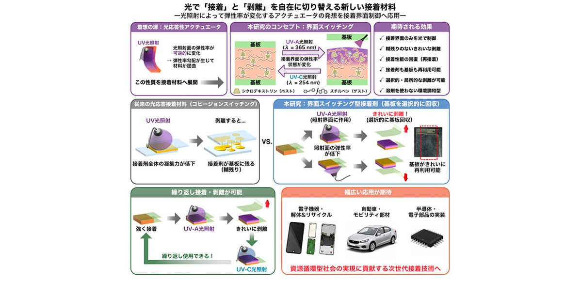 UOsaka_ja's tweet photo. 【研究】 ＼“貼る"も“剥がす"も光で自在に／ 光を当てるだけできれいに剥がれる接着剤 https://t.co/2apoLxq4C6 #阪大 #リリース https://t.co/aqK704I5j3