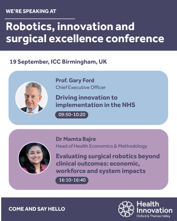 HealthInnovOx's tweet photo. Joining the #RISEUK26 Robotics, Innovation and Surgical Excellence Conference? Hear our CEO Gary Ford (09:50) on moving NHS innovation from pilot to practice, and Mamta Bajre (16:10) on evaluating surgical robotics beyond clinical outcomes. Come and say hello! https://t.co/7B3AwA2Jsw