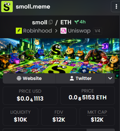 Smolldotmeme's tweet photo. Dexscreener Updated

smoll $13,095.00 - https://t.co/Fs3Yueo8A4 / ETH on Robinhood / Uniswap - DEX Screener https://t.co/lZD9u76hQm