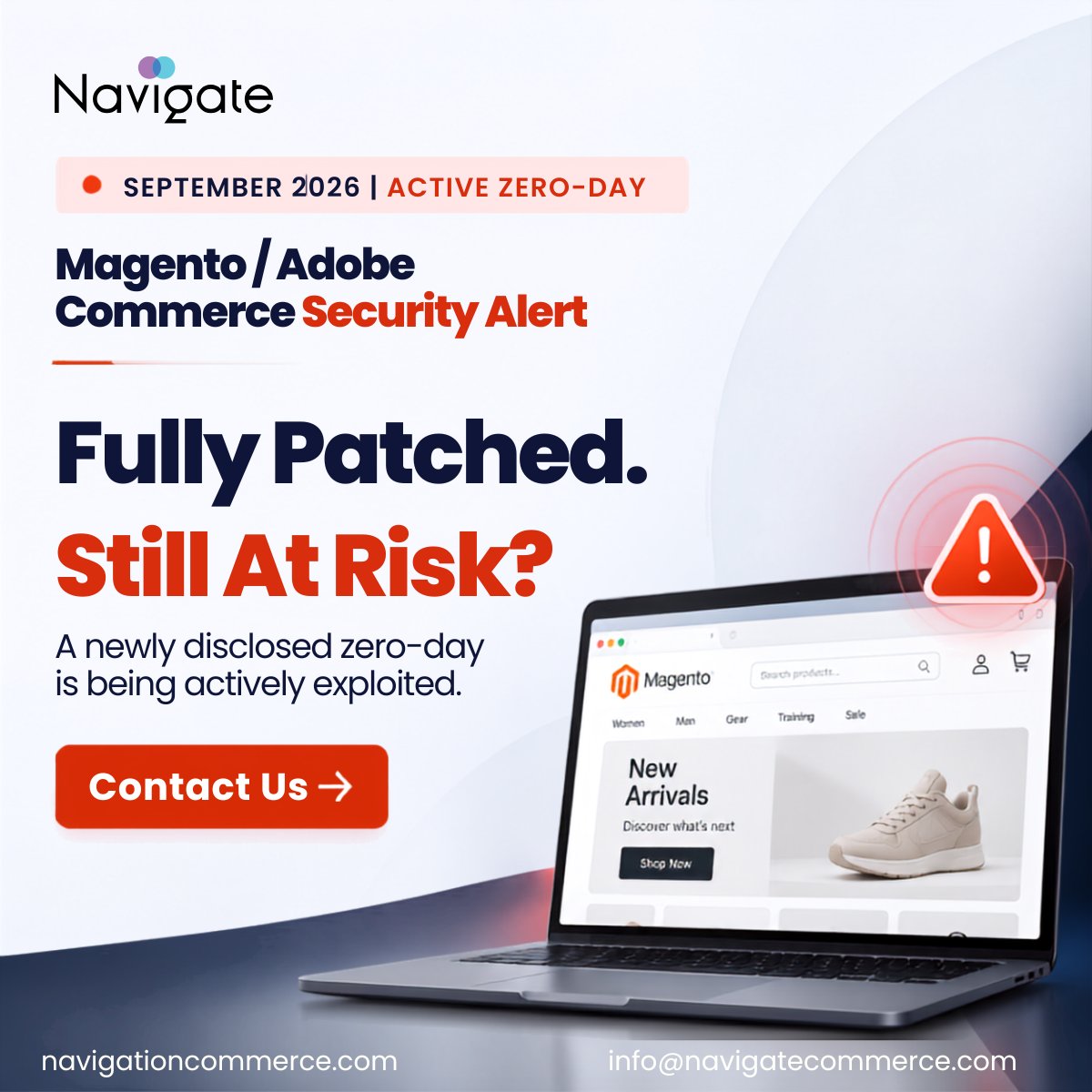 NavigateAgency's tweet photo. ⚠️ Magento / Adobe Commerce zero-day is being actively exploited

The StyleSmuggler vulnerability is currently unpatched, and recent security updates alone may not mean your store is protected

Now is the time to review your Magento security posture

https://t.co/z9gCxjliyh https://t.co/q3h9jzX4L5