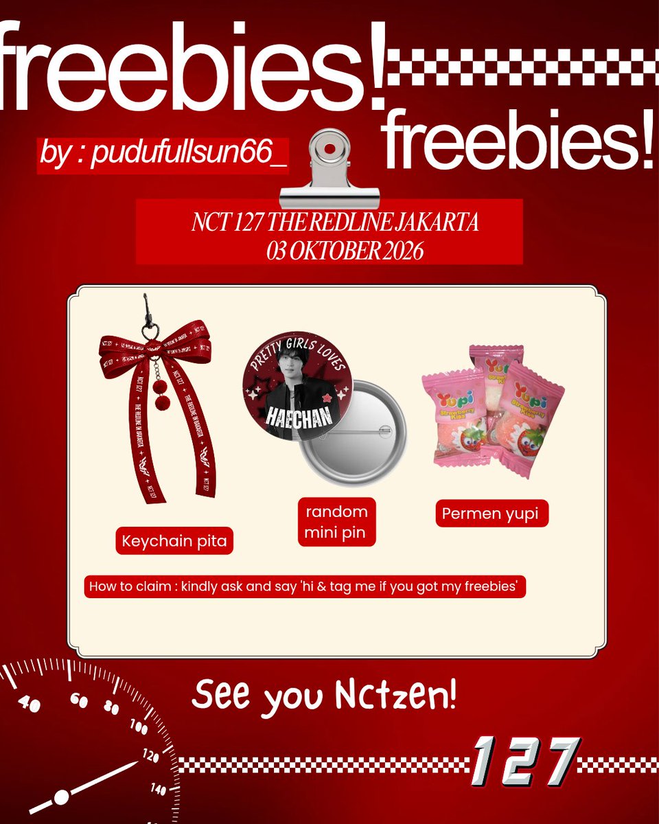 pudufullsun66_'s tweet photo. ❤️‍🔥 FREEBIES FOR NCTZEN! ❤️‍🔥

Hai NCTzen! Aku bakal bawa freebies buat NCT 127 THE REDLINE JAKARTA, 03 OKTOBER 2026 🏎️💨

Kalau ketemu aku, jangan lupa say hi &amp; tag aku kalau udah dapet freebies-nya ya! 🫶🏻
See you, NCTzen! https://t.co/1ak9CtEQv7