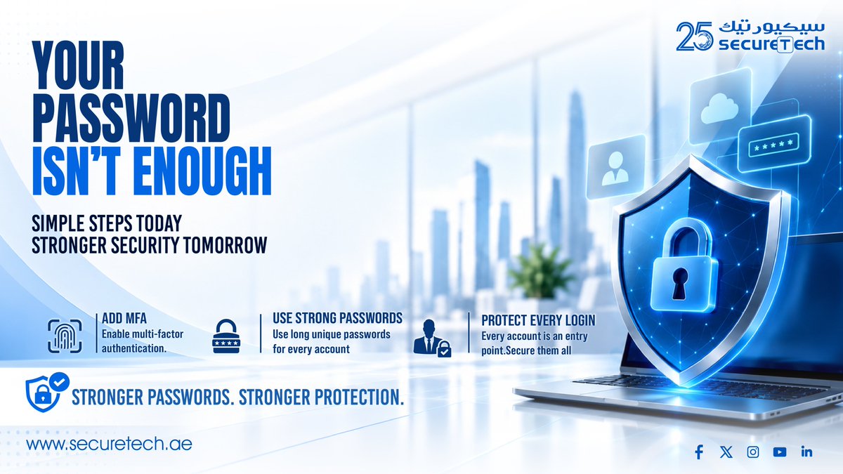 SecureTech1's tweet photo. Your password isn’t enough. 🔐
Add MFA, use strong unique passwords, and secure every login. Small security steps today can prevent bigger risks tomorrow.
Follow us:
🔹 LinkedIn: https://t.co/dAfAm10JeH
#SecureTech #CyberSecurity #MFA #PasswordSecurity #CyberAwareness https://t.co/JGGa0csx55