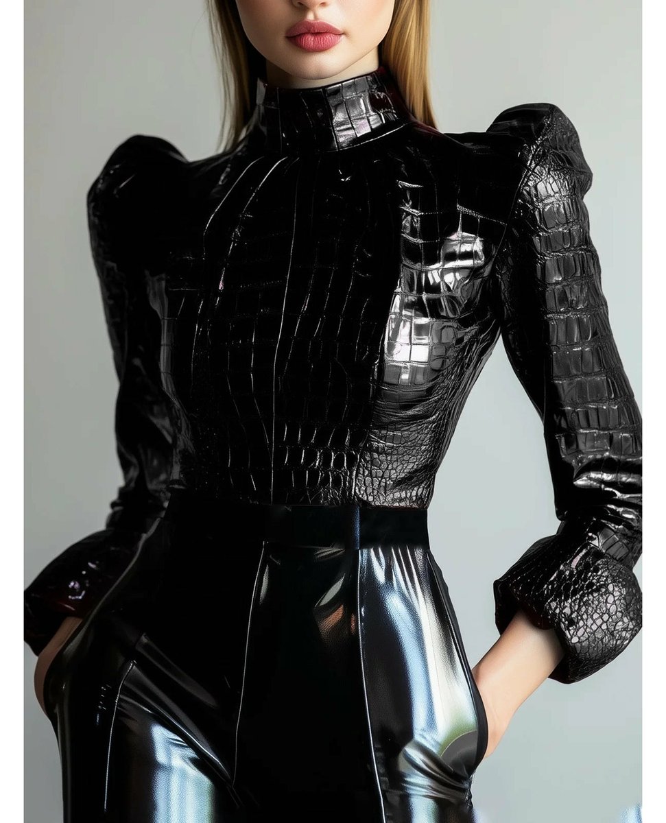 DebroahRydvn's tweet photo. Elevate your style effortlessly—confidence is always in fashion. Our vintage black alligator-pattern high-neck blouse with PU leather and back zip detail makes a bold statement anywhere. https://t.co/2N6sfcjdJE