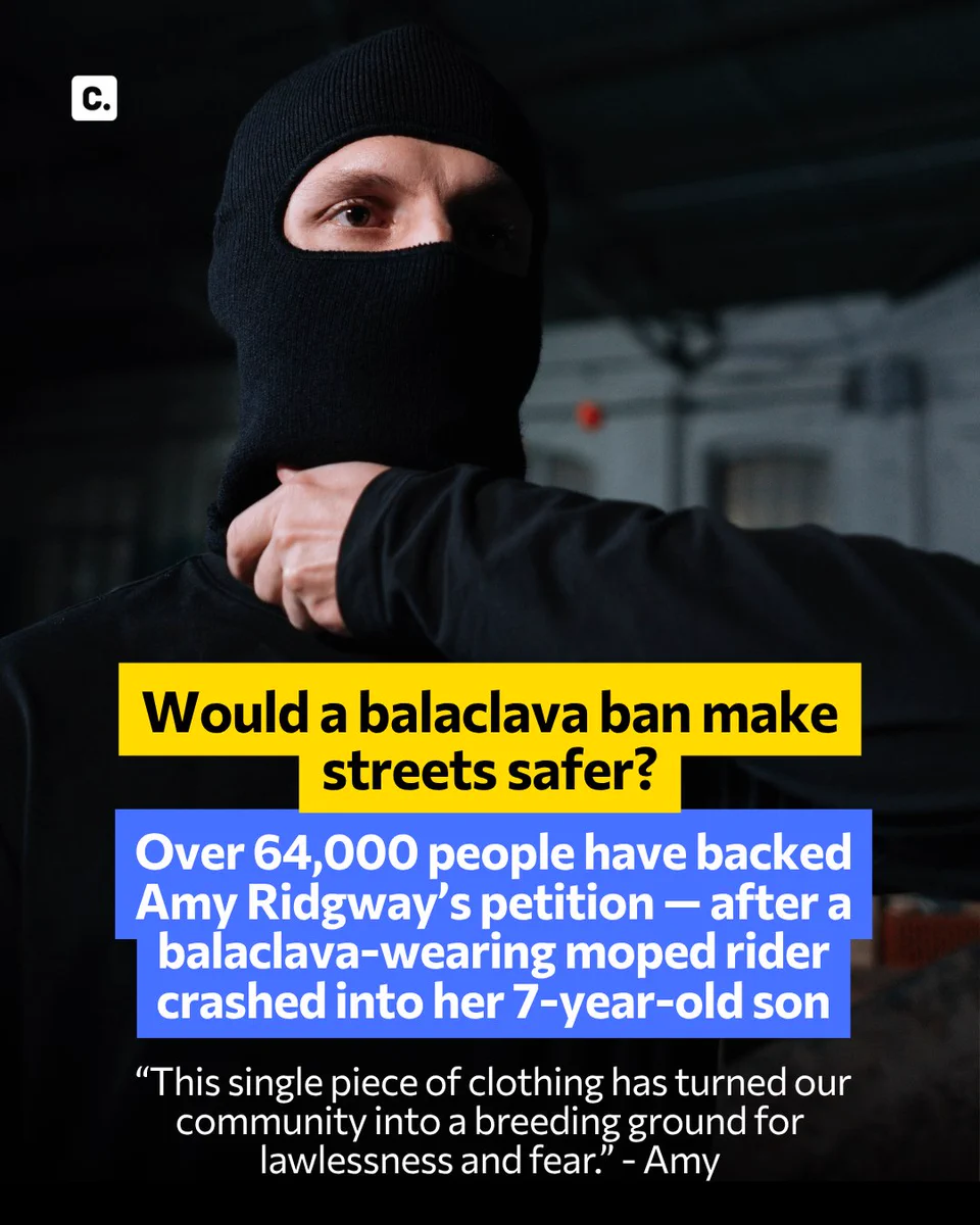 Man wearing a black balaclava with safety concern text overlay.
