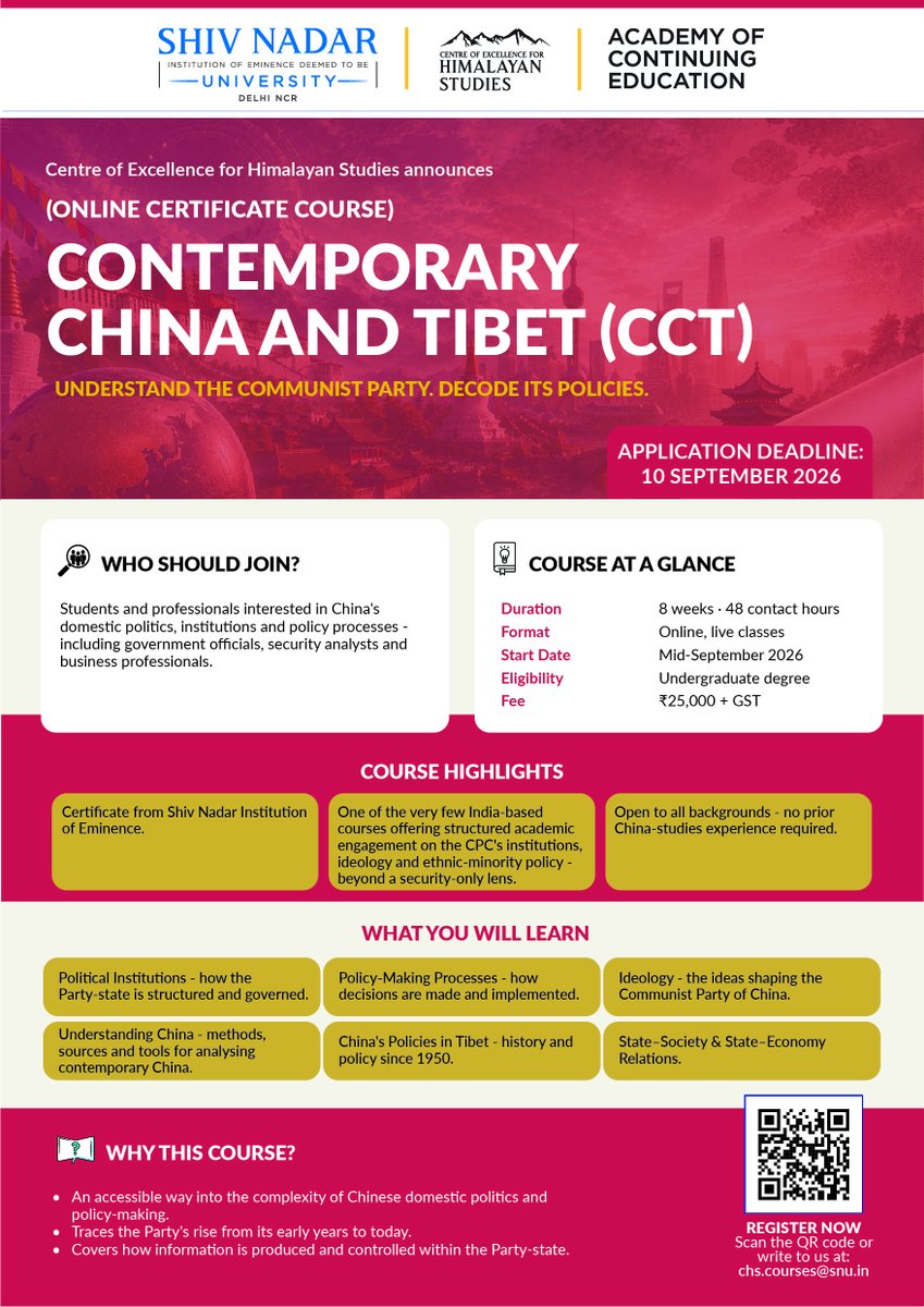 Himalayas_SNU's tweet photo. 3 MORE DAYS TO GO TO APPLY
----------------------------------

Through this course, we will make debates on Chinese domestic politics & #Communist Party of #China (CPC), the front & centre:

- How has the #CPC evolved over the years?
- What are the party's governance & control mechanisms?
- Analysing ethnic relations under the Party-state
- Understanding the Policies in #Tibet since 1950s

For more: https://t.co/Rg9v16RxoC
Register (by 10 Sept. 2026): https://t.co/7nNRw8d3V3