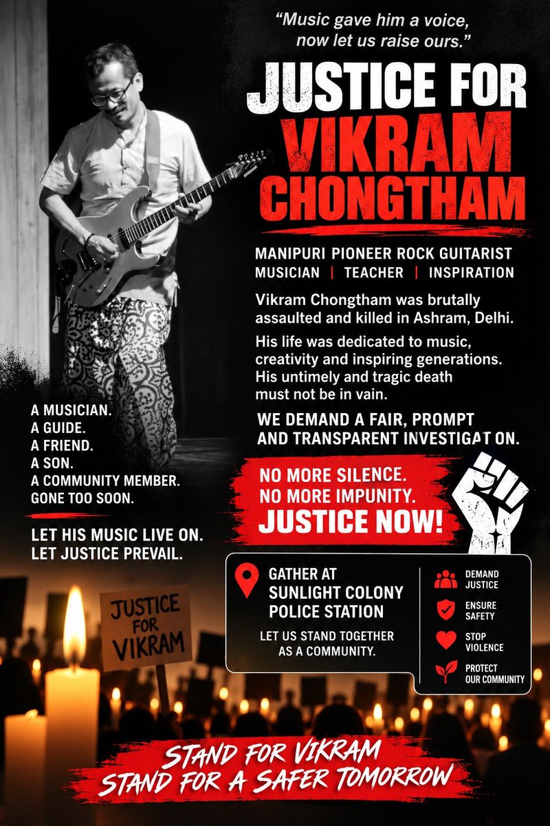 meiteiheritage's tweet photo. A Manipuri (Meitei) music teacher Chongtham Vikram was beaten to death yesterday by at least 6-7 men in Ashram, New  Delhi.

The men, allegedly drunk, came to his house and beat him to death after he objected to them over making noise at the night at the dhaba just opposite his house.

Manipuris and North Eastern community living near by stormed the Sunlight PS, and alleged they struggled for the Police to register an FIR.

In recent past, a large No of crimes against North East has been reported in Ashram, including the deaths of youths earlier this year and today's unfortunate incident.