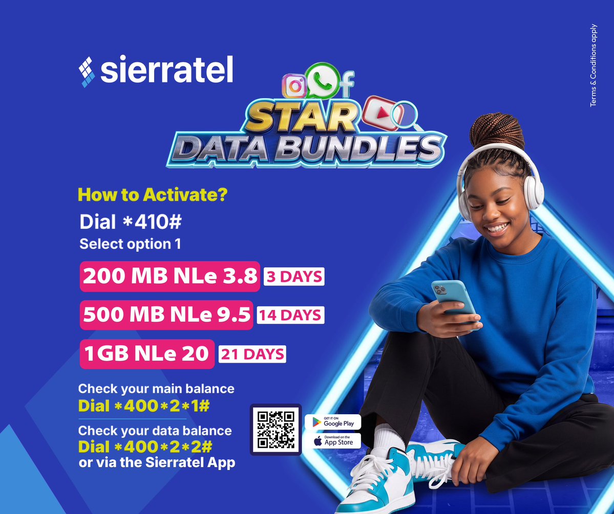 Sierratelsl's tweet photo. We give you the freedom to choose what’s best for YOU🤩. 

With our Star Data Bundles and Unlimited Data Bundles, explore more options to get data and ways to stay online with😉. 

Dial *410# to subscribe to the Star Bundles or *410# for the Unlimited Bundles💙.

#SaloneX https://t.co/0VQlG6KC8h
