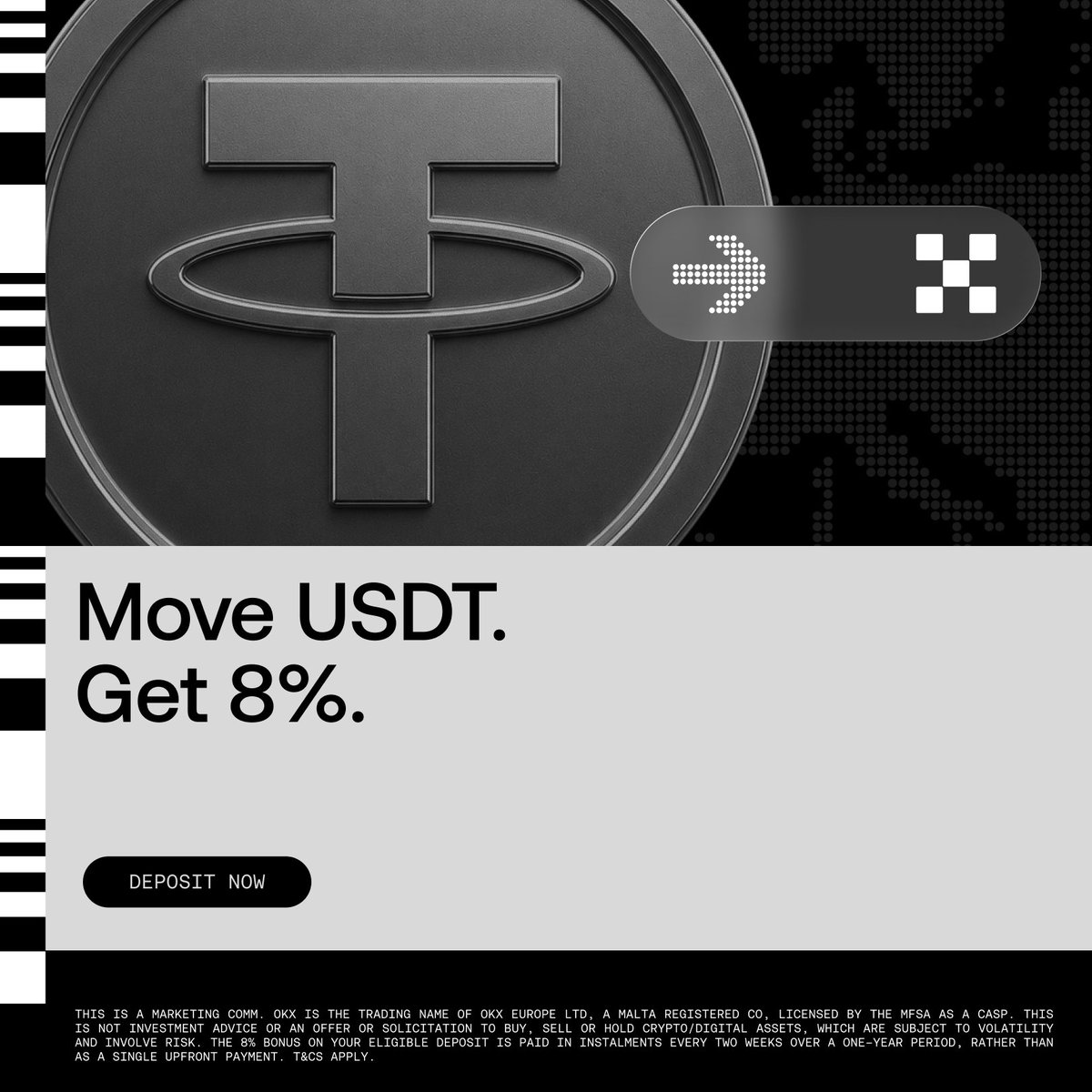 okx's tweet photo. If your USDT is still somewhere else in Europe, here’s how to switch.

Move it to OKX, convert to USDC for free, and unlock an 8% bonus up to €3,500.

Swipe through for more details.

Crypto is volatile. You can lose everything you invest. OKX Europe Ltd, authorised by the MFSA.