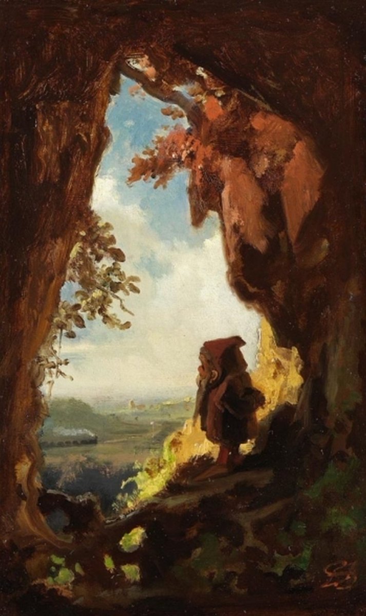 Greebohobbes's tweet photo. Gnome Watching Railway Train, c. 1848, by Carl Spitzweg #art

Gnome Watching Railway Train was made a decade after the opening of the first railway line in Germany, and the technology had rapidly become commonplace. It was painted with oil on the lid of a cigar box. https://t.co/TpMAKvb7UA