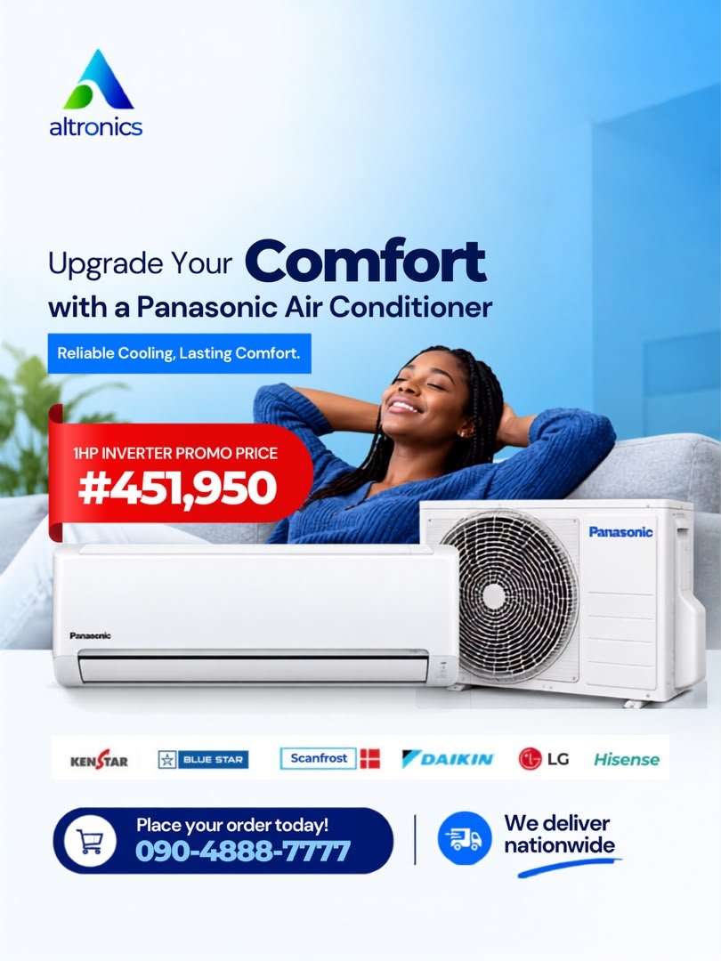 ALTRONICSnig's tweet photo. ❄️ Upgrade your comfort without breaking the bank!

Get the Panasonic 1HP Inverter AC for just ₦451,950 and enjoy reliable cooling, energy efficiency, and lasting comfort. 🔥➡️❄️

📞 Call/WhatsApp: 090-4888-7777

#AltronicsLimited #PanasonicAC #airconditioner https://t.co/7VhoebIttC