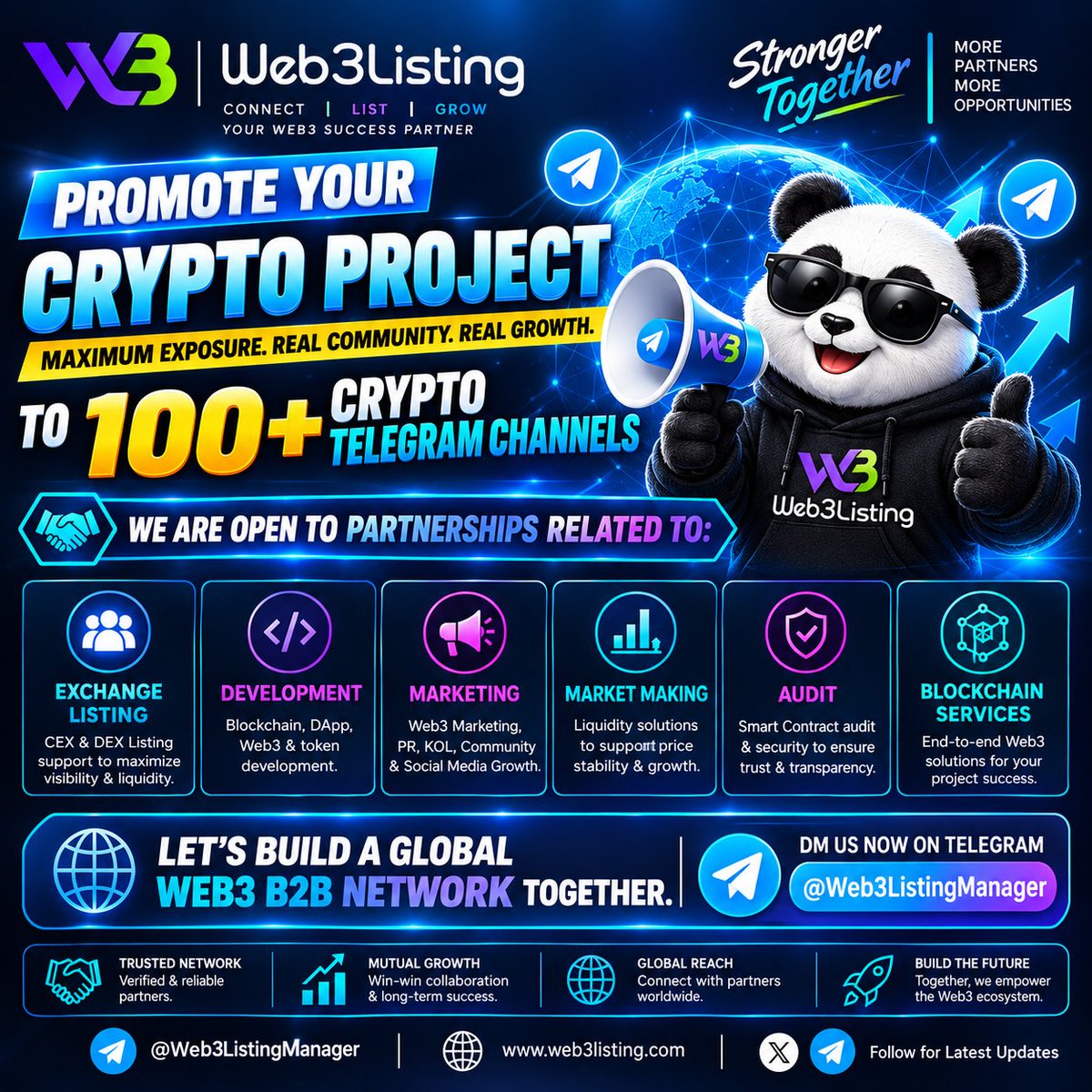 Web3Listingcom's tweet photo. 🚀 PROMOTE YOUR CRYPTO PROJECT TO 100+ TELEGRAM CHANNELS!

Get wider reach, stronger visibility & connect with the crypto community. 🌍

📢 Telegram Marketing
🤝 B2B Partnerships
📈 Web3 Growth Services
🔗 CEX/DEX Listing • Audit • Market Making
📩 DM: @Web3ListingManager
🌐 https://t.co/ilvYnd8V6f
#Web3 #Crypto #Blockchain #CryptoMarketing #Web3Listing #TelegramMarketing #DeFi